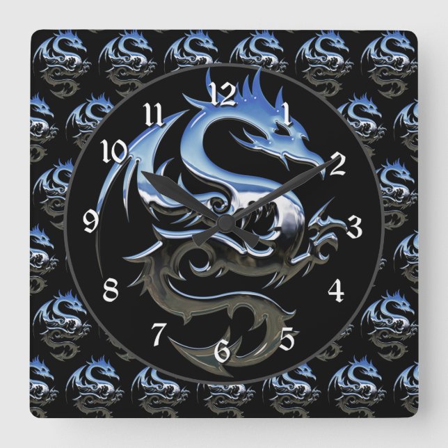 Reloj Cuadrado Dragón metálico plateado (Anverso)