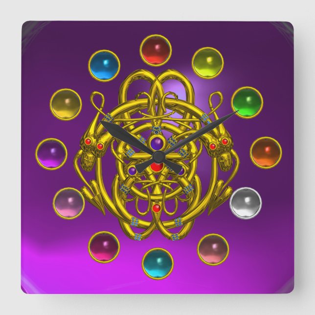 RELOJ CUADRADO DRAGONES DORADOS IMPRIMIDOS GEMSTONES COLORIDOS (Anverso)