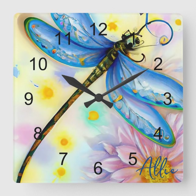 Reloj Cuadrado Dragonfly de ala azul acuarela, personalizado (Anverso)