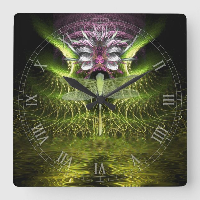 Reloj Cuadrado Dragonfly Magic Fractal Art Wall Clock (Anverso)
