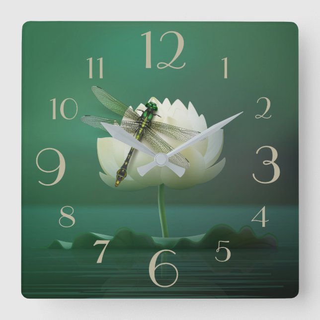 Reloj Cuadrado Dragonfly y Water Lily (Anverso)