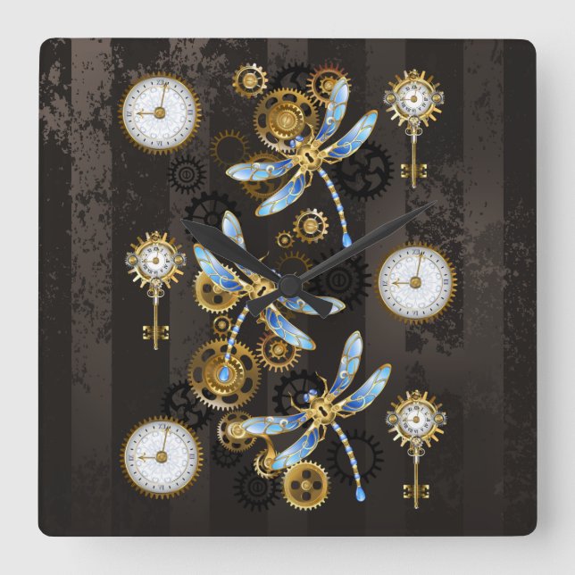 Reloj Cuadrado Dragoniscos de Steampunk sobre fondo rayado marrón (Anverso)