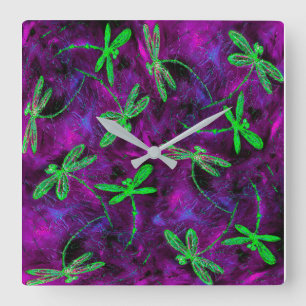 Reloj Cuadrado Dragonismo verde limón en rosa caliente y morado