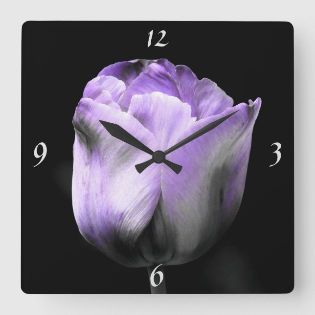 Reloj Cuadrado Dramática Lavanda Púrpura N Tulipán Plateado Sobre (Anverso)