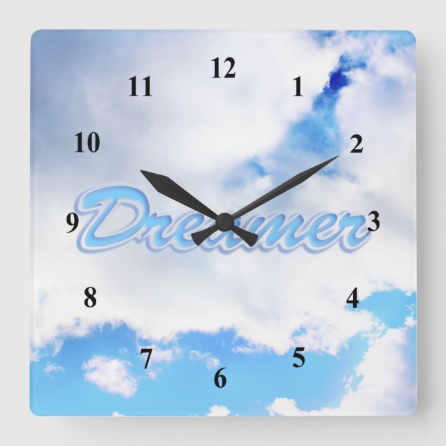 Reloj Cuadrado Dreamer puffy nubes blancas y cielo azul (Anverso)
