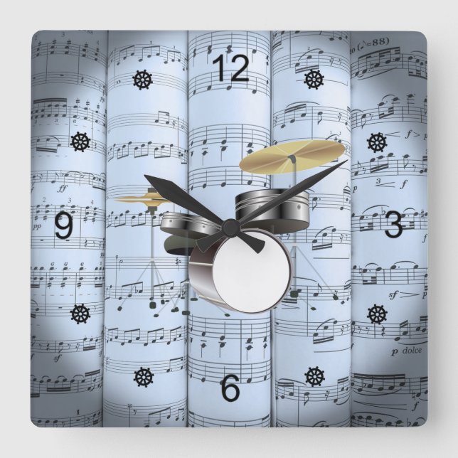 Reloj Cuadrado Drum Set~Rolled Sheet Music~Blue Tint Background (Anverso)