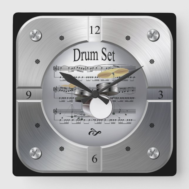 Reloj Cuadrado Drum Set ~ Sheet Music ~ Brushed Silver Color ~ (Anverso)