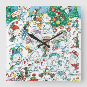 Reloj Cuadrado Dulce fiesta de Navidad de osos polares y pingüino