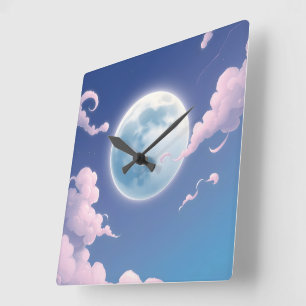 Reloj Cuadrado Dulce ilustración caprichosa de la luna en el ciel
