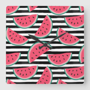 Reloj Cuadrado Dulce sandía sobre rayas Patrón blanco y negro