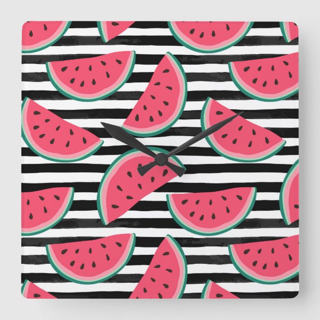 Reloj Cuadrado Dulce sandía sobre rayas Patrón blanco y negro (Anverso)