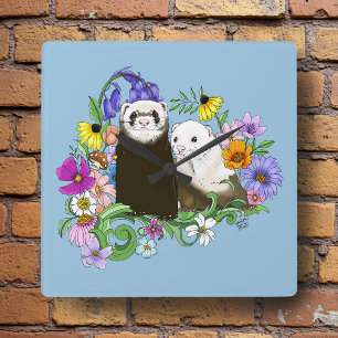 Reloj Cuadrado Dulces Ferrets Azules Caprichosos con Flores Parej