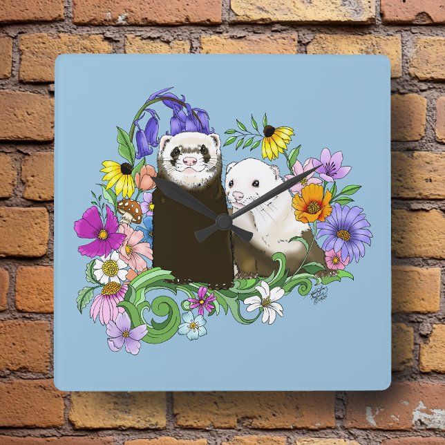 Reloj Cuadrado Dulces Ferrets Azules Caprichosos con Flores Parej (Subido por el creador)