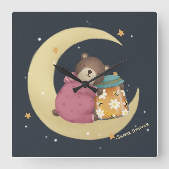 Reloj Cuadrado Dulces Sueños: Ilustración de Oso y Miel (Anverso)