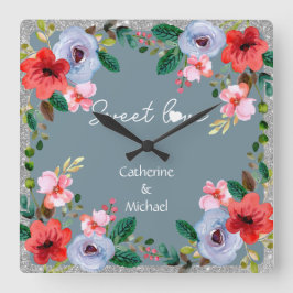 Reloj Cuadrado Duste Blue Silver Purpurina Floral acuarela