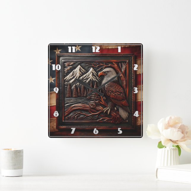 Reloj Cuadrado Eagle Carving Con El Fondo De La Montaña (Hogar)