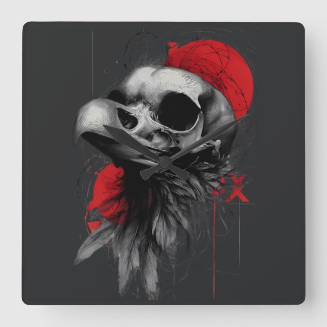 Reloj Cuadrado Edgy Crow Skull Gothic Grunge Wall Clock (Anverso)