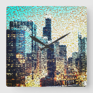 Reloj Cuadrado Edificios de la ciudad azul en estilo mosaico con