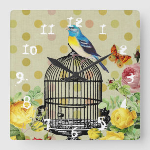 Reloj Cuadrado Efímero Jaula de Pájaro Floral Granny Chic