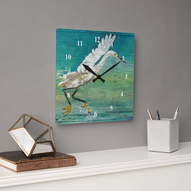 Reloj Cuadrado Egret Beach House Art (Gorgeous Egret Shorebird On Water Art Wall Clock From Jenn's Emporium. )