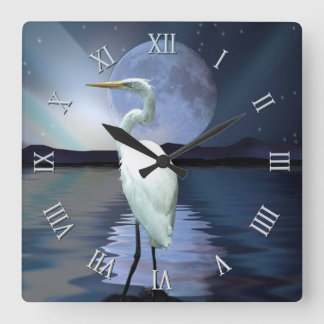 Reloj Cuadrado Egret blanco, luna llena y vida salvaje de Aurora