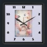 Reloj Cuadrado Eiffel Tower Butterflies and Flowers<br><div class="desc">A clock with a stylized Eiffel tower image surrounded by pretty butterflies and delicate garden flowers.</div>
