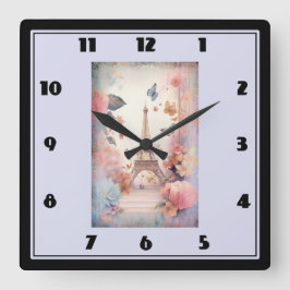 Reloj Cuadrado Eiffel Tower Butterflies and Flowers