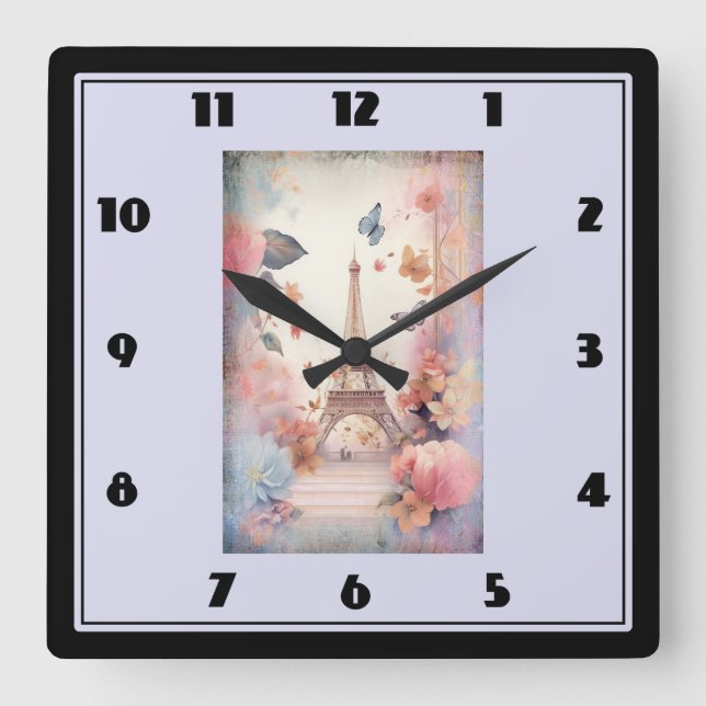 Reloj Cuadrado Eiffel Tower Butterflies and Flowers (Anverso)