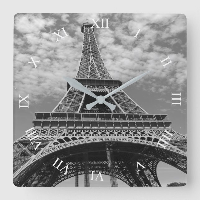 Reloj Cuadrado Eiffel Tower Looking Up B&W Square Wall Clock (Anverso)
