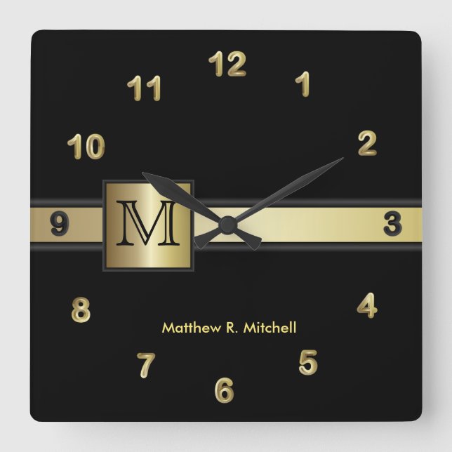 Reloj Cuadrado Ejecutivo Monograma negro y dorado (Anverso)