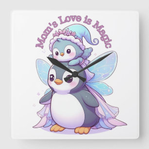 Reloj Cuadrado El amor de mamá es magia Cloc de pared de pingüi