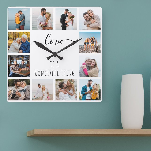 Reloj Cuadrado El amor es una cita maravillosa 12 foto blanca (Love is a wonderful thing and so is a custom made photo gift for family, newlyweds, anniversaries ..)