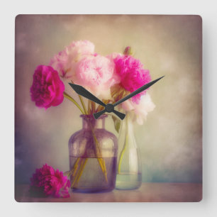 Reloj Cuadrado El antiguo Bouquet Peony en las jaulas de vidrio