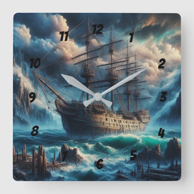 Reloj Cuadrado El barco fantasma Mary Celeste atormentando el mis (Anverso)