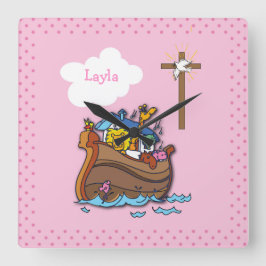 Reloj Cuadrado El bautismo arca de personalizable Noé, rosa Chica