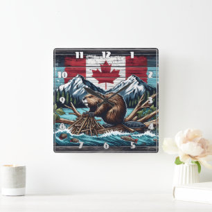 Reloj Cuadrado El castor canadiense junto a la bandera y las mont