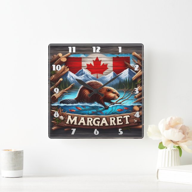 Reloj Cuadrado El castor canadiense nadando cerca de las montañas (Hogar)