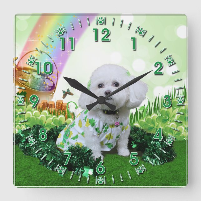 Reloj Cuadrado El día de St Patrick - Bichon Frise - Mia (Anverso)