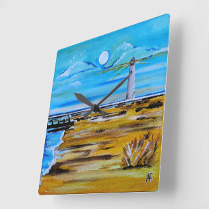 Reloj Cuadrado El faro en la playa Pintura de Alfred Fox