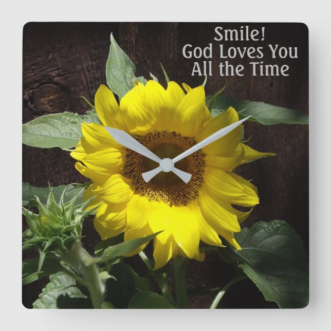 Reloj Cuadrado El girasol cristiano sonríe y Dios te ama (Anverso)