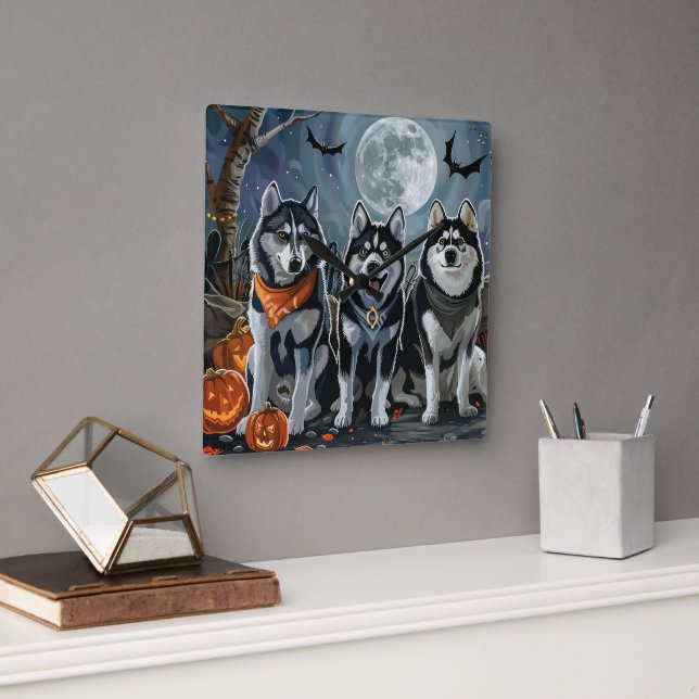 Reloj Cuadrado El Husky Siberiano Halloween Spooky (Oficina)