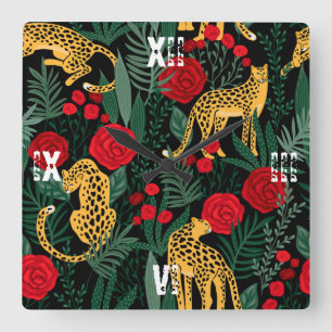 Reloj Cuadrado El leopardo rojo crea hojas verdes de Safari anima