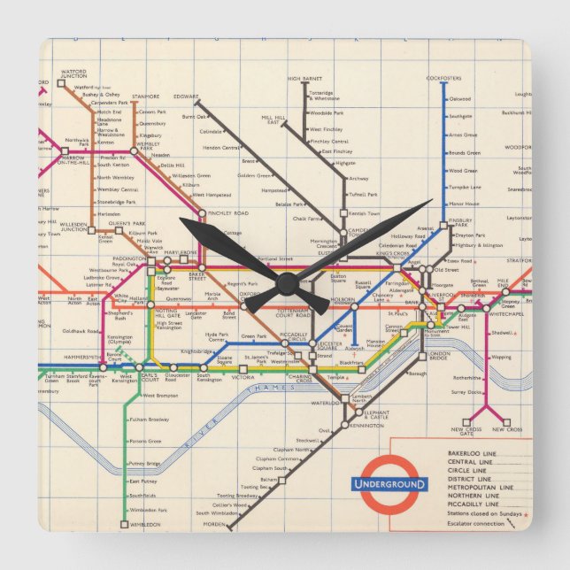 Reloj Cuadrado El mapa subterráneo de Londres (Anverso)