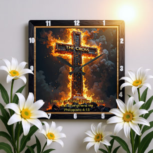 Reloj Cuadrado El Medallón de la Cruz Fuego Filipenses 4:13 Verso