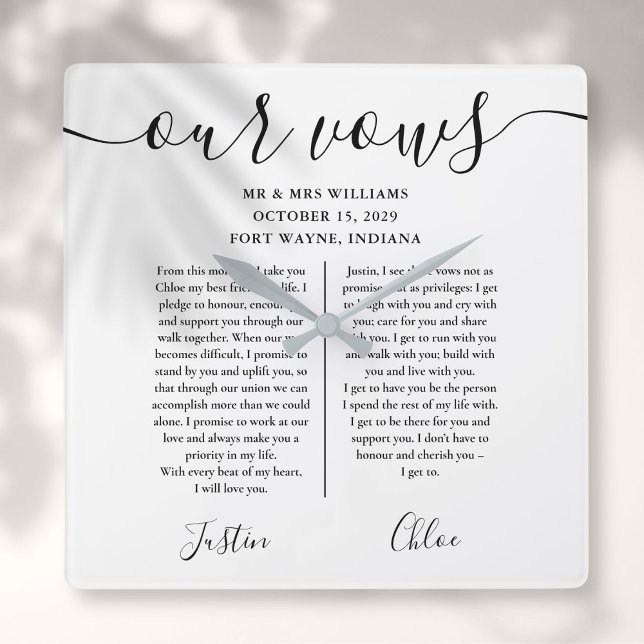 Reloj Cuadrado El Negro Y Blanco Que Él Y Su Boda Votan (Black And White His And Hers Wedding Vows Square Wall Clock)