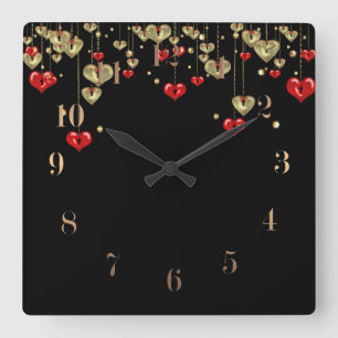 Reloj Cuadrado El oro y los corazones rojos con fondo negro