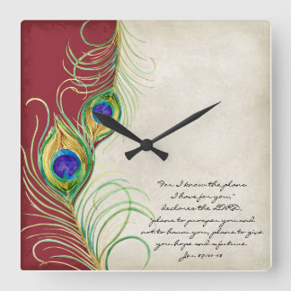 Reloj Cuadrado El pavo real empluma escritura roja del cristiano