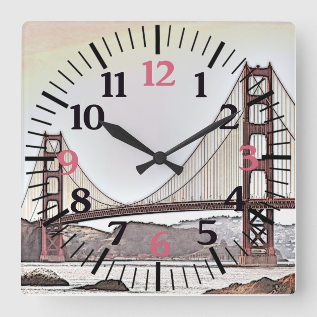 Reloj Cuadrado El puente Golden Gate - San Francisco, CA (rosa) (Anverso)