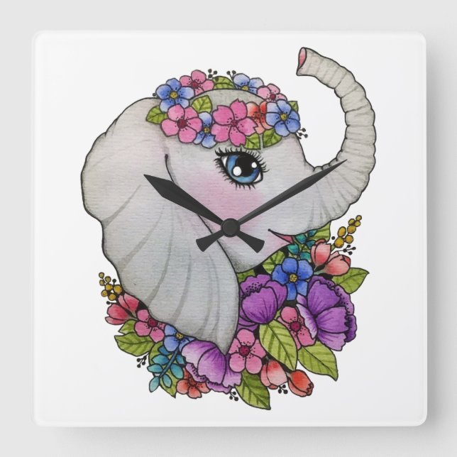 Reloj Cuadrado Elefante acuarela con flores silvestres (Anverso)