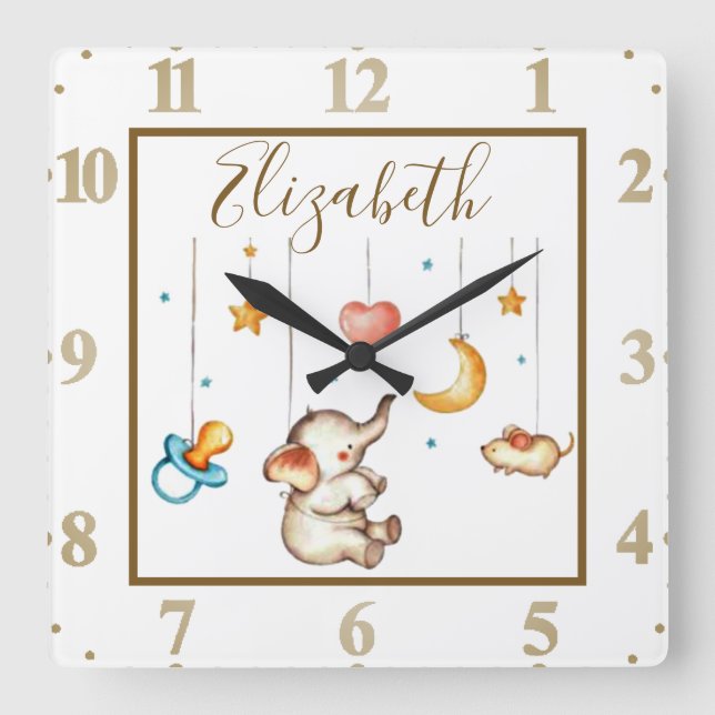 Reloj Cuadrado Elefante bebé personalizado lindo (Anverso)
